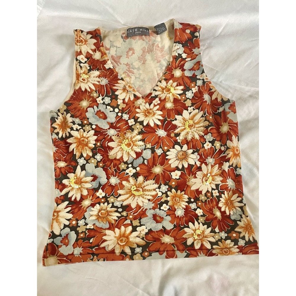 Kate Hill Women's Floral V-Neck Sleeveless Tank Blouse Size Petite Medium